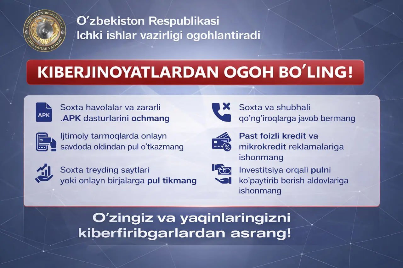 KIBERJINOYATCHILIK HUJUMIDAN EHTIYOT BO‘LING!