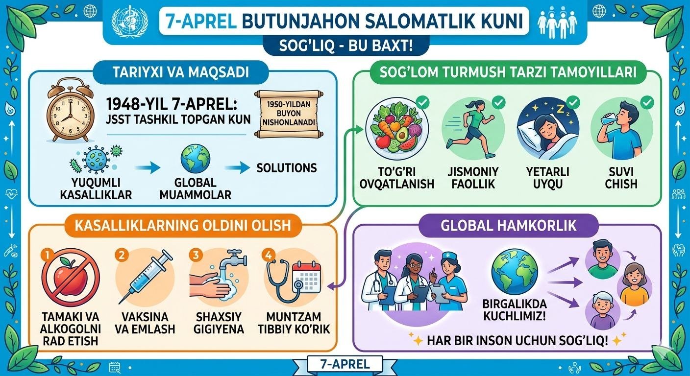 7-aprel butun dunyoda Butunjahon salomatlik kuni.
