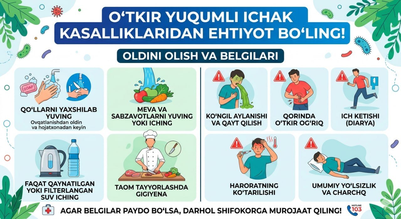 O‘tkir yuqumli ichak kasalliklaridan ehtiyot boʻling!