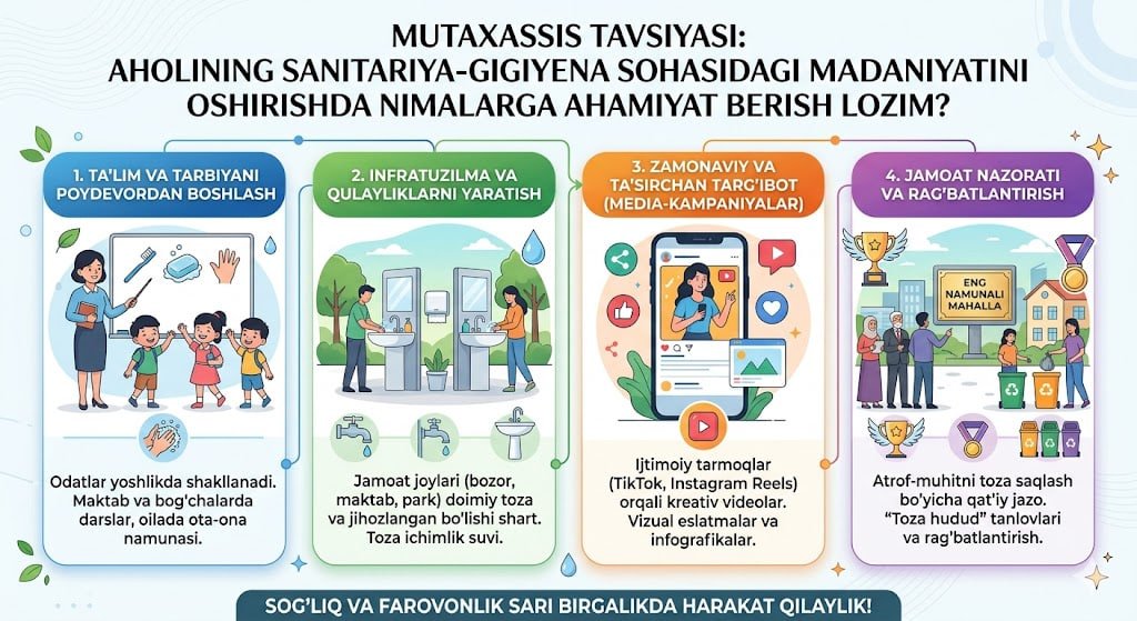 Aholining sanitariya-gigiyena sohasidagi madaniyatini oshirishda nimalarga ahamiyat berish lozim?