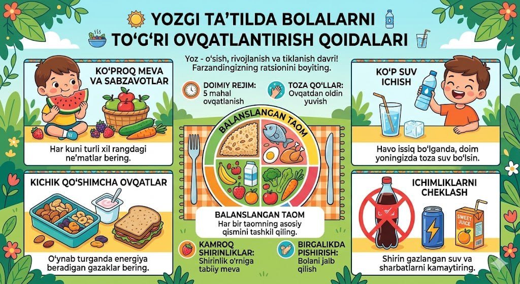 Yozgi ta’tilda bolalarni to‘g‘ri ovqatlanish qoidalari