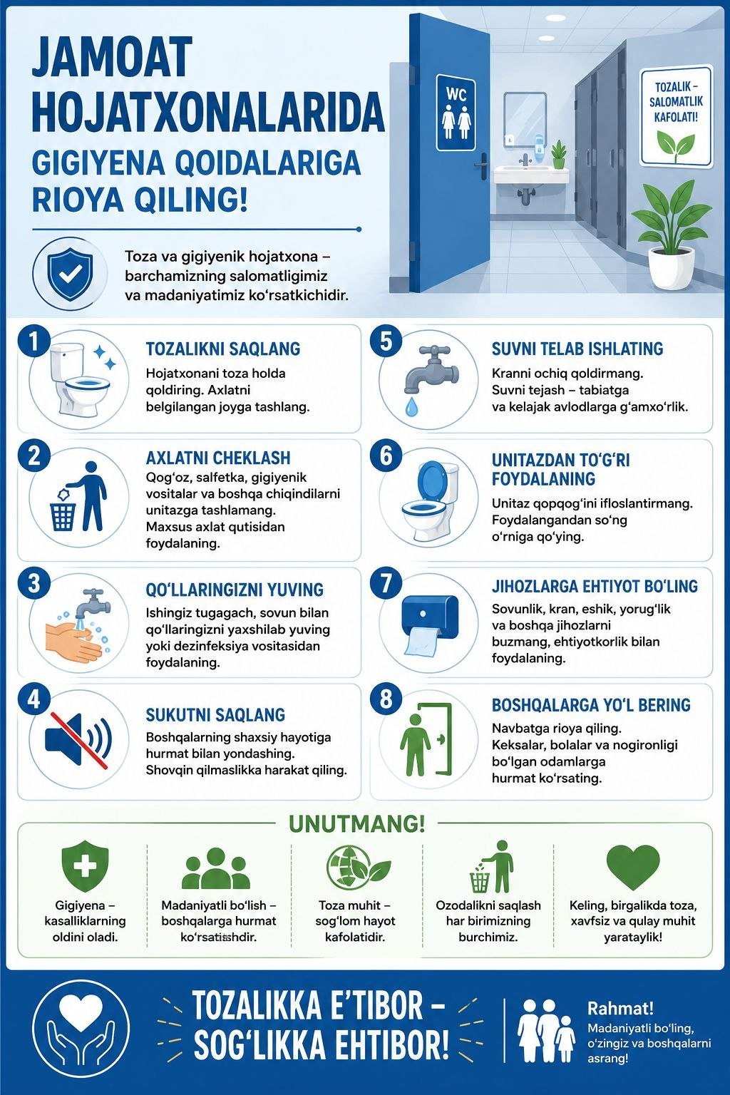 JAMOAT HOJATXONALARIDA GIGIYENA QOIDALARIGA RIOYA QILING!