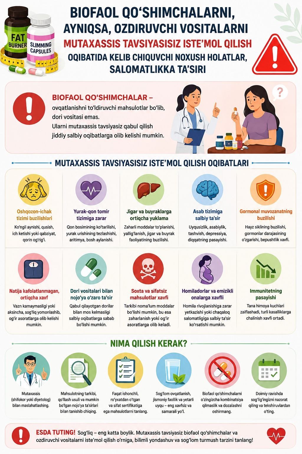 BIOLOGIK QOʻSHIMCHALARNI, AYNIQSA, OZDIRUVCHI VOSITALARNI MUTAXASSIS TAVSIYASISIZ ISTEʼMOL QILISHNING SALOMATLIKKA TAʼSIRi